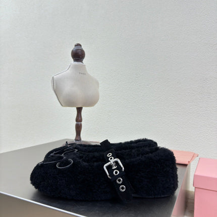 SHEARLING BALLET FLAT BLACK WITH SUEDE STRAP
