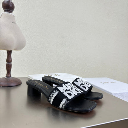 DWAY HEELED SLIDE EMBROIDERED COTTON AND BLACK MISS DIOR ALLOVER MOTIF 35 MM