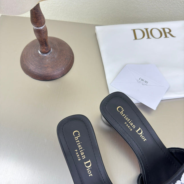 DWAY HEELED SLIDE EMBROIDERED COTTON AND BLACK MISS DIOR ALLOVER MOTIF 35 MM