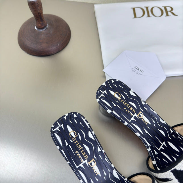 DWAY HEELED SLIDE EMBROIDERED COTTON AND NAVY BLUE MISS DIOR ALLOVER MOTIF 35 MM