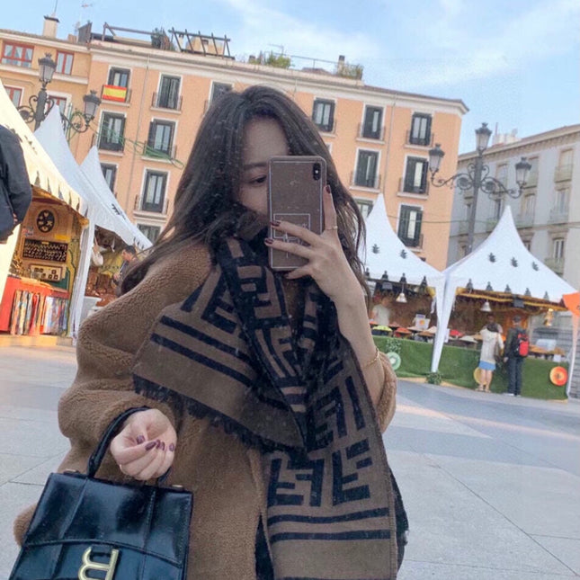 FF 180 CM SCARF IN CAMEL BROWN MIX BLACK CASHMERE AND WOOL