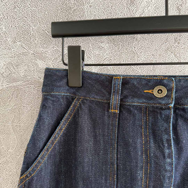 Loewe Pocket Leather Skirt Dark Blue Denim Cotton