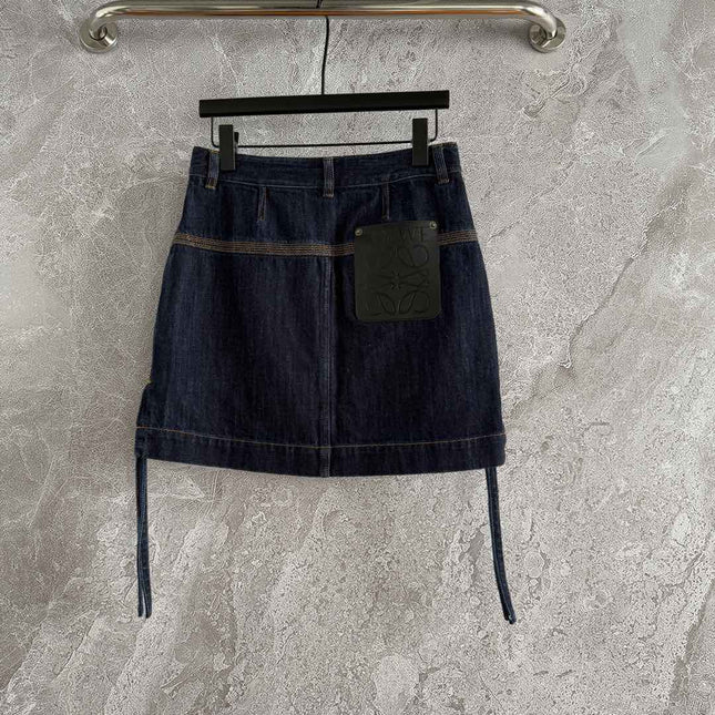 Loewe Pocket Leather Skirt Dark Blue Denim Cotton