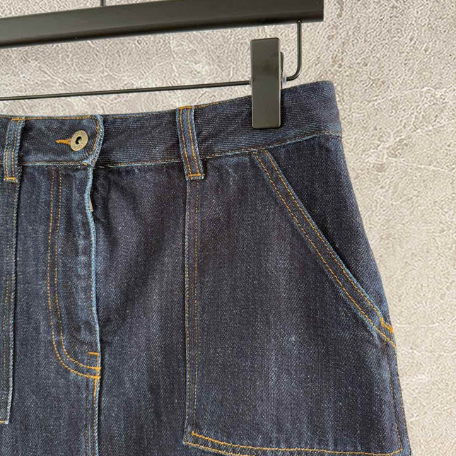 Loewe Pocket Leather Skirt Dark Blue Denim Cotton