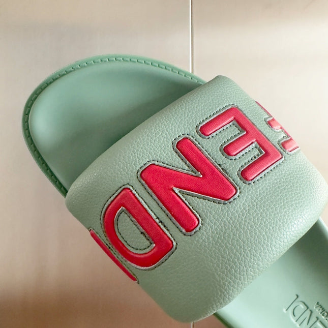 FENDI ROMA SLIDE IN SEAFOAM GREEN GRAINED CALFSKIN WITH RED LOGO