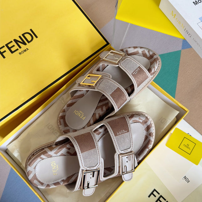 FENDI DAD SANDAL IN WHITE MIX CIDER BROWN MONOGRAM JACQUARD FABRIC