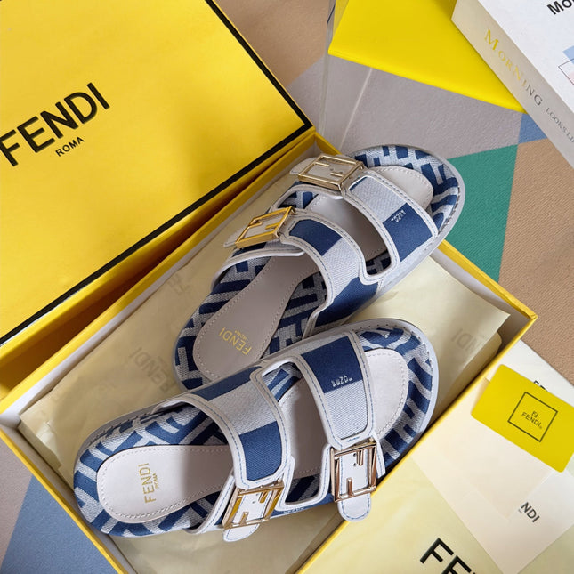FENDI DAD SANDAL IN NAVY BLUE MIX WHITE MONOGRAM JACQUARD FABRIC