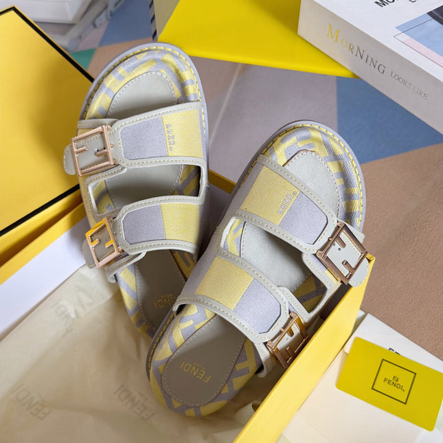 FENDI DAD SANDAL IN YELLOW MIX LIGHT PURPLE CANVAS WITH GOLD HARDWARE