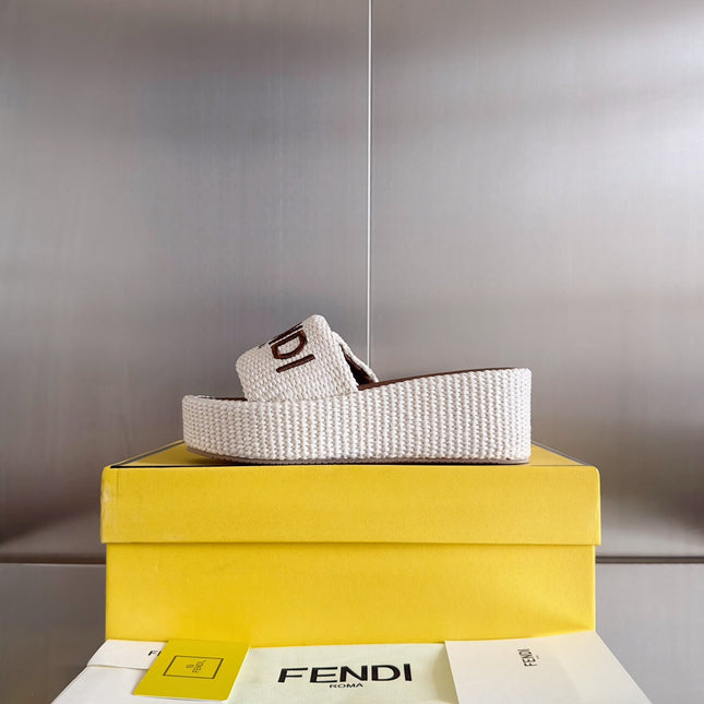 FENDI PLATFORM WEDGES IN WHITE RAFFIA WITH BROWN EMBROIDERED LOGO