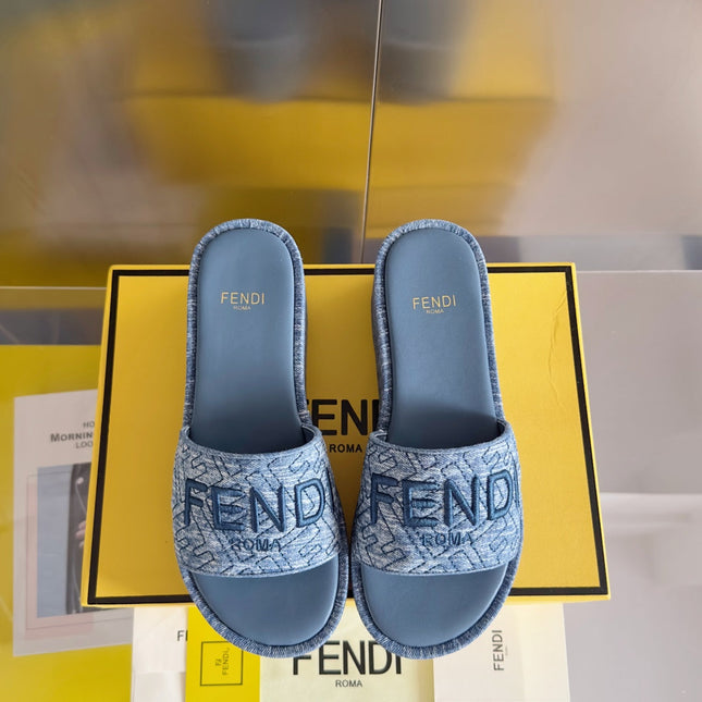 FENDI PLATFORM WEDGES IN STEEL BLUE JACQUARD FABRIC WITH EMBROIDERED LOGO