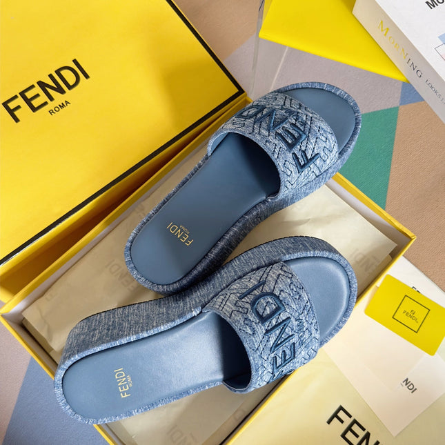 FENDI PLATFORM WEDGES IN STEEL BLUE JACQUARD FABRIC WITH EMBROIDERED LOGO