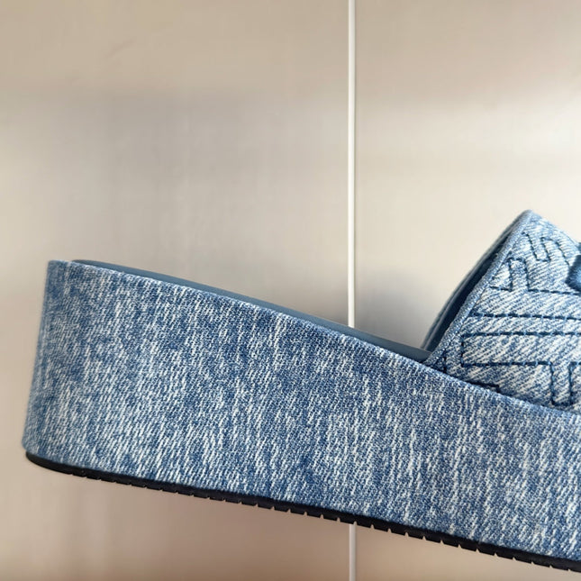 FENDI PLATFORM WEDGES IN STEEL BLUE JACQUARD FABRIC WITH EMBROIDERED LOGO