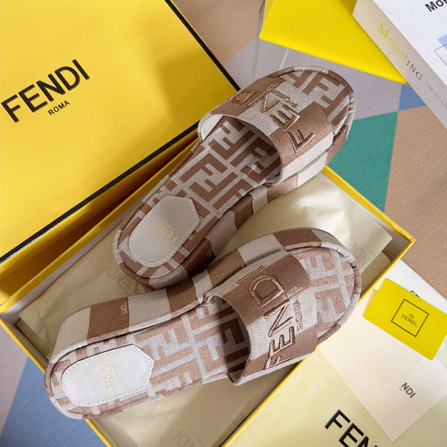 FENDI PLATFORM WEDGES IN ASH BROWN MIX WHITE FF MONOGRAM FABRIC