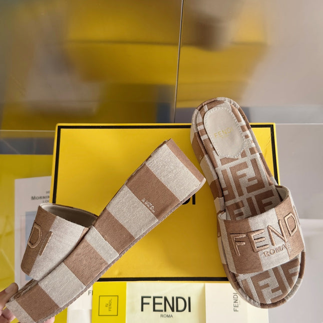 FENDI PLATFORM WEDGES IN ASH BROWN MIX WHITE FF MONOGRAM FABRIC