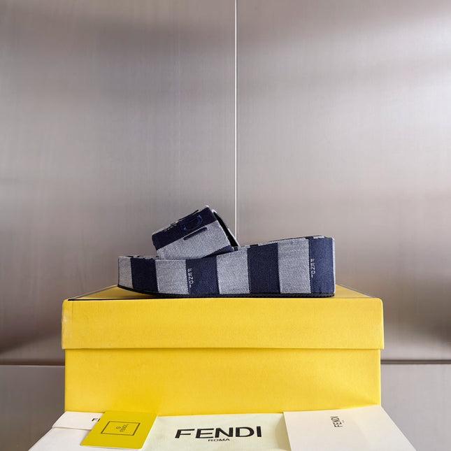 FENDI PLATFORM WEDGES IN AEGEAN BLUE MIX WHITE FF MONOGRAM FABRIC