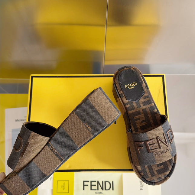 FENDI PLATFORM WEDGES IN CHOCOLATE BROWN FF MONOGRAM FABRIC