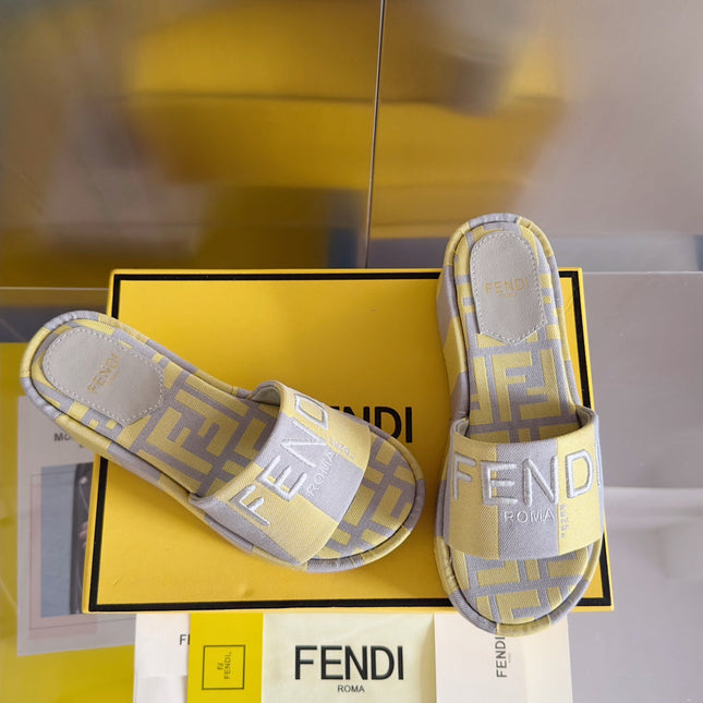 FENDI PLATFORM WEDGES IN LIGHT YELLOW MIX GREY FF MONOGRAM FABRIC