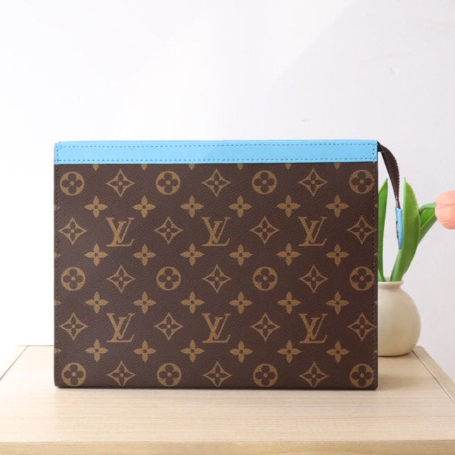 LV 25S POCHETTE VOYAGE 26 IN GASTON BLUE MONOGRAM MACASSAR COATED CANVAS