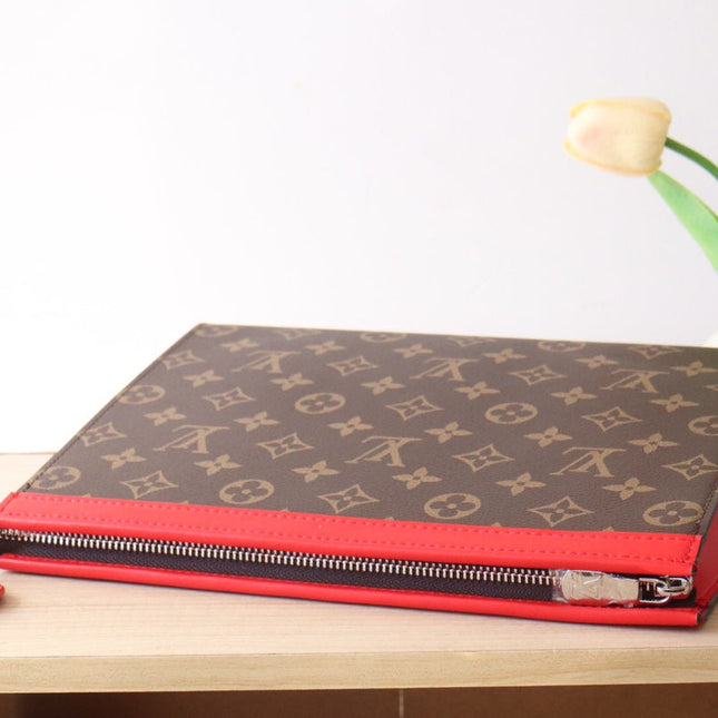 LV 25S POCHETTE VOYAGE 26 IN SARI RED MONOGRAM MACASSAR COATED CANVAS