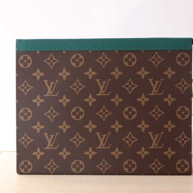LV 25S POCHETTE VOYAGE 26 IN BORNEO GREEN MONOGRAM MACASSAR COATED CANVAS