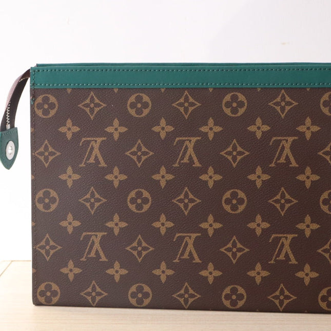 LV 25S POCHETTE VOYAGE 26 IN BORNEO GREEN MONOGRAM MACASSAR COATED CANVAS