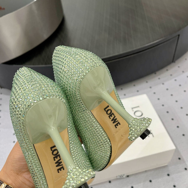 Loew pump 100 in suede and allover rhinestones pastel green