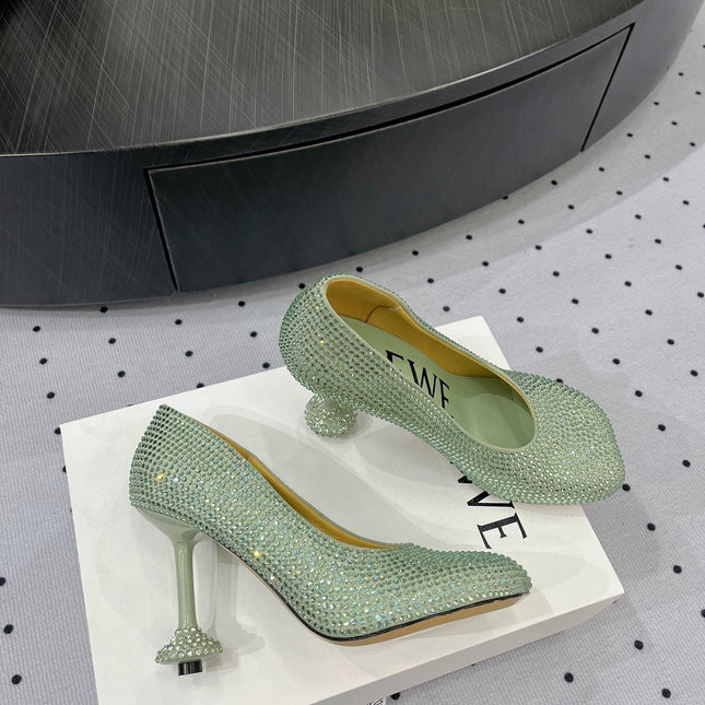 Loew pump 100 in suede and allover rhinestones pastel green
