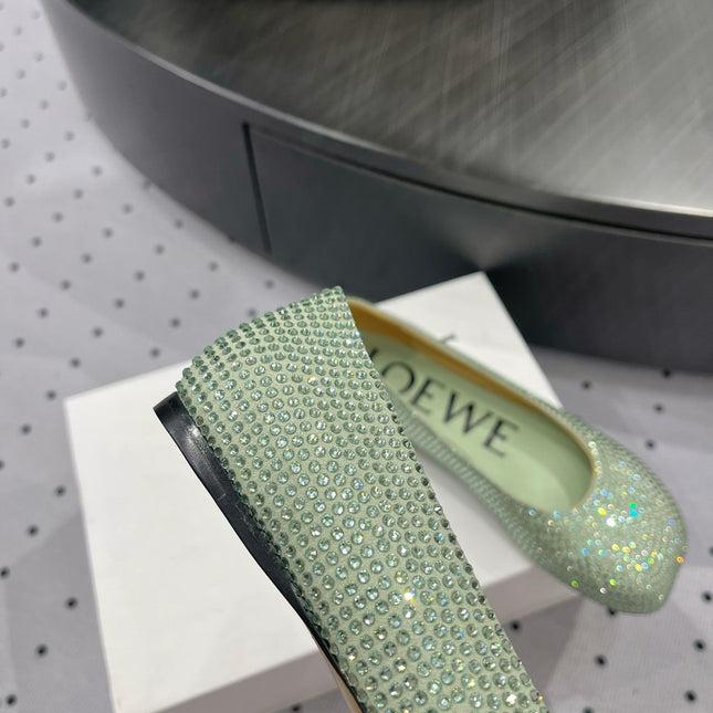 Toy ballerina in suede and allover rhinestones pastel green