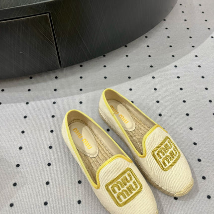 Loafer Shoes Ivory With Yellow Border Fabric Linen