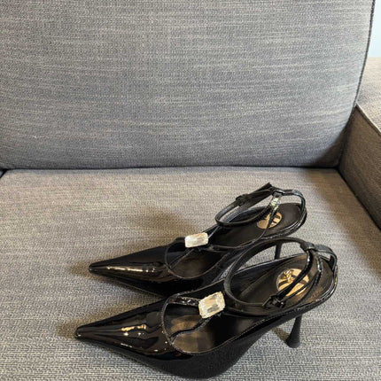 HIGH SANDAL ATTACHED GEM IN BLACK GLOSSY CALFSKIN