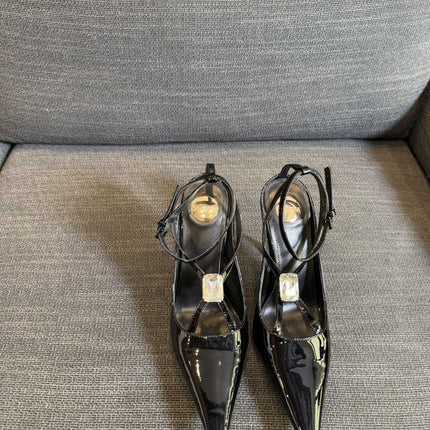 HIGH SANDAL ATTACHED GEM IN BLACK GLOSSY CALFSKIN
