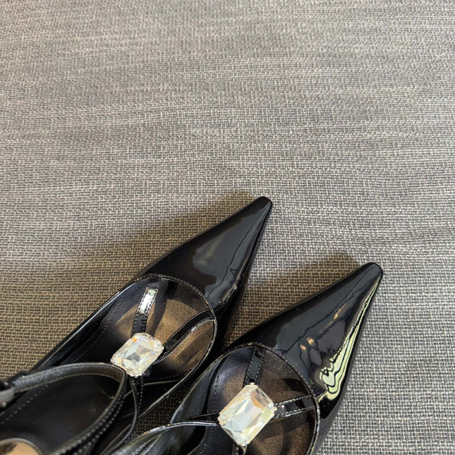 HIGH SANDAL ATTACHED GEM IN BLACK GLOSSY CALFSKIN