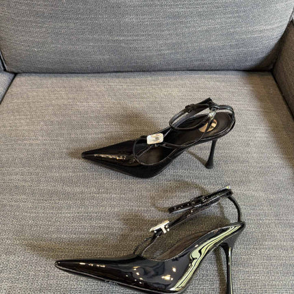 HIGH SANDAL ATTACHED GEM IN BLACK GLOSSY CALFSKIN