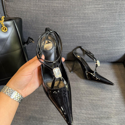 HIGH SANDAL ATTACHED GEM IN BLACK GLOSSY CALFSKIN