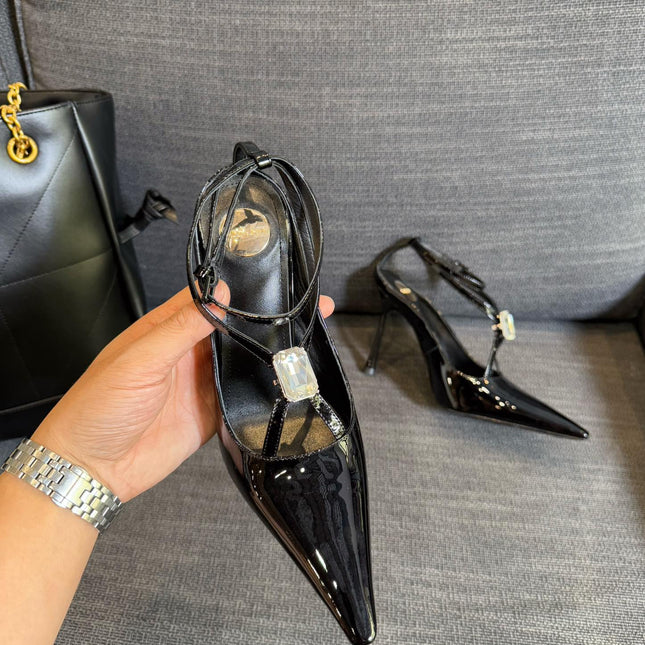 HIGH SANDAL ATTACHED GEM IN BLACK GLOSSY CALFSKIN