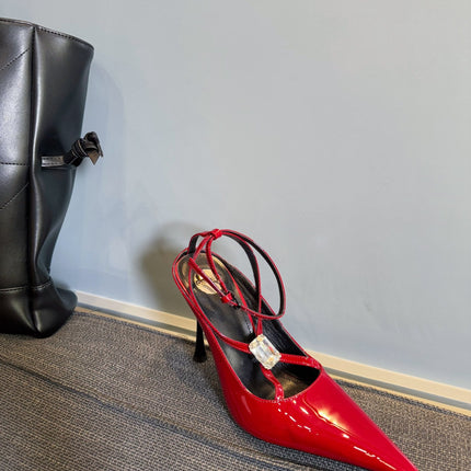HIGH SANDAL ATTACHED GEM IN RED GLOSSY CALFSKIN