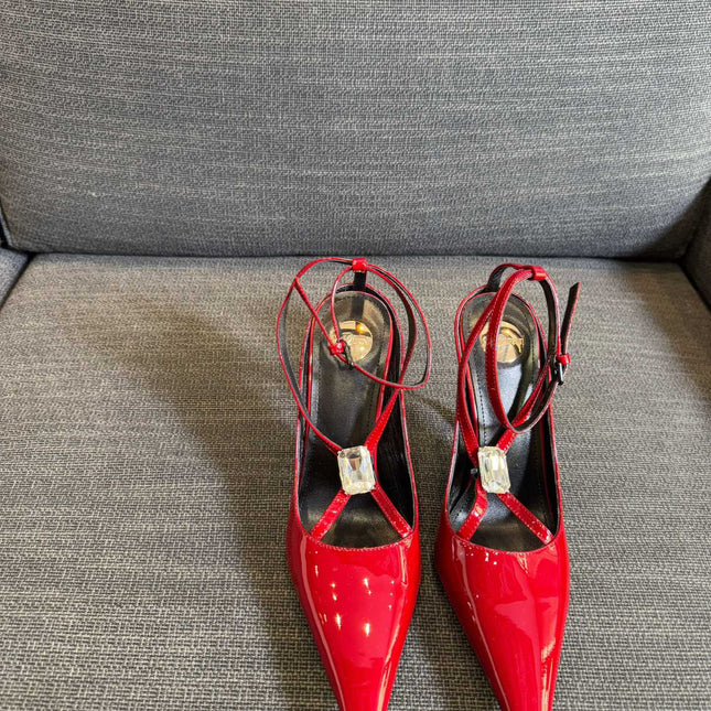 HIGH SANDAL ATTACHED GEM IN RED GLOSSY CALFSKIN