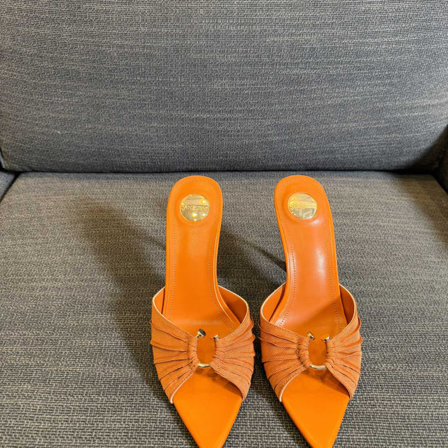 LOLA HIGH MULES IN TANGELO ORANGE SMOOTH LAMBSKIN AND DRAPED JERSEY