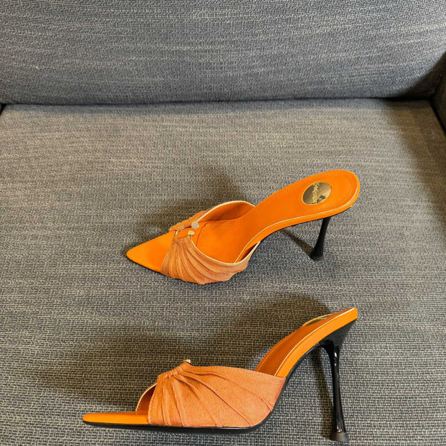 LOLA HIGH MULES IN TANGELO ORANGE SMOOTH LAMBSKIN AND DRAPED JERSEY