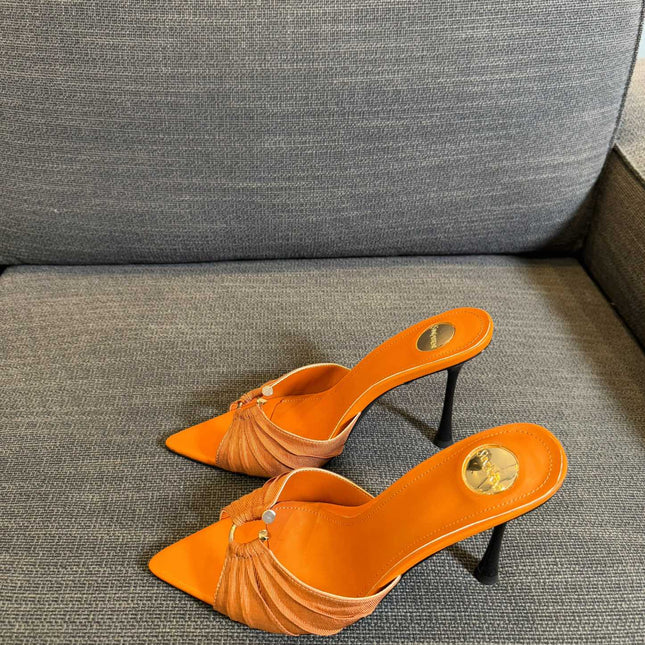 LOLA HIGH MULES IN TANGELO ORANGE SMOOTH LAMBSKIN AND DRAPED JERSEY
