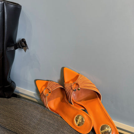 LOLA HIGH MULES IN TANGELO ORANGE SMOOTH LAMBSKIN AND DRAPED JERSEY