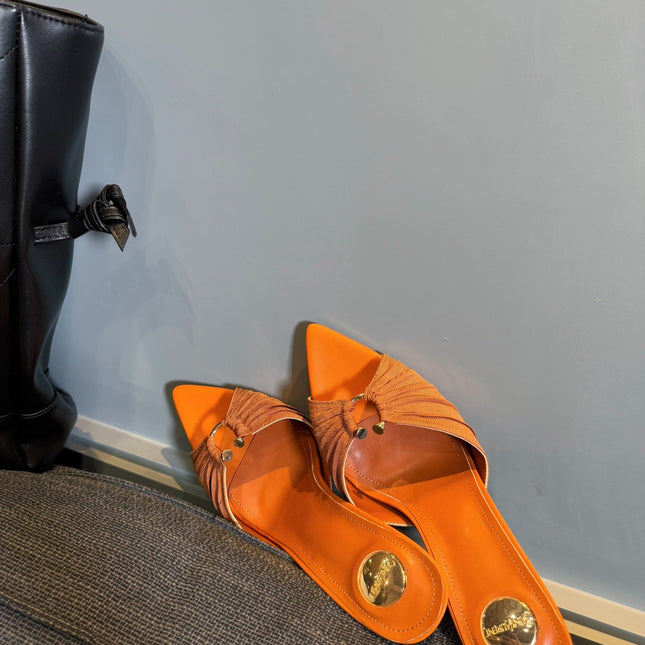 LOLA HIGH MULES IN TANGELO ORANGE SMOOTH LAMBSKIN AND DRAPED JERSEY