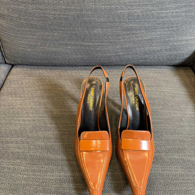POINTED-TOE SLINGBACK PUMPS IN TANGERINE ORANGE SHINY CALFSKIN