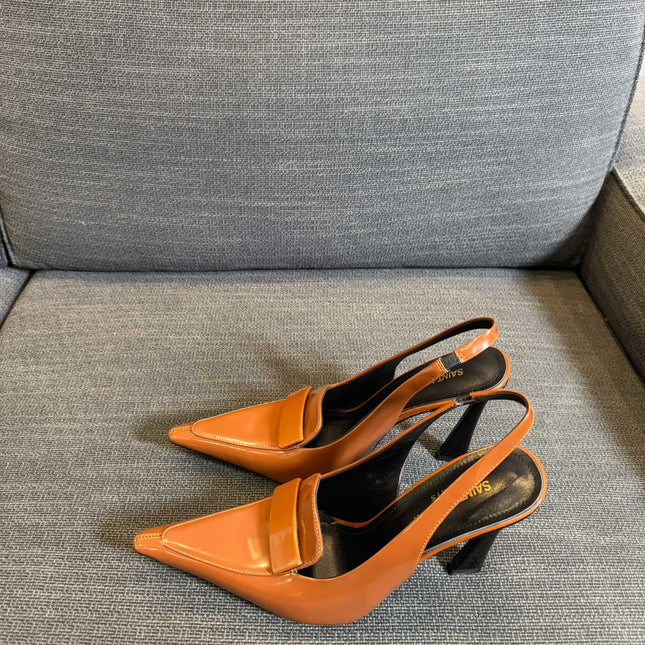 POINTED-TOE SLINGBACK PUMPS IN TANGERINE ORANGE SHINY CALFSKIN