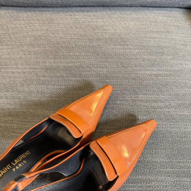 POINTED-TOE SLINGBACK PUMPS IN TANGERINE ORANGE SHINY CALFSKIN