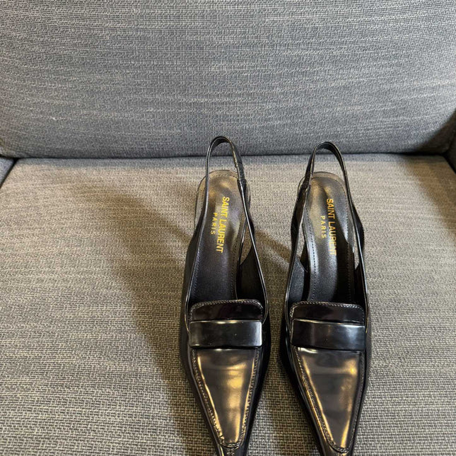POINTED-TOE SLINGBACK PUMPS IN BLACK SHINY CALFSKIN