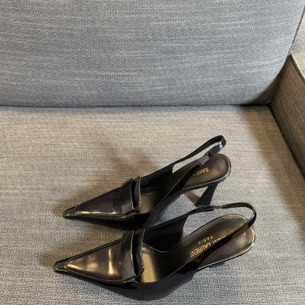 POINTED-TOE SLINGBACK PUMPS IN BLACK SHINY CALFSKIN