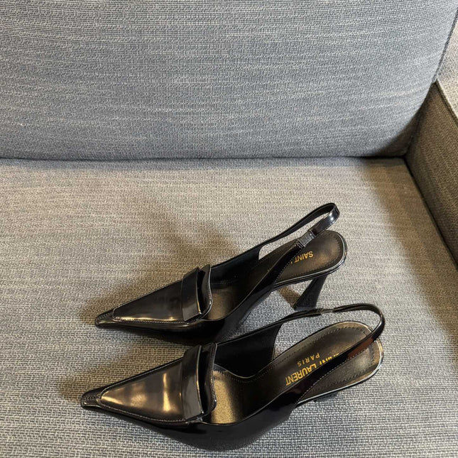 POINTED-TOE SLINGBACK PUMPS IN BLACK SHINY CALFSKIN
