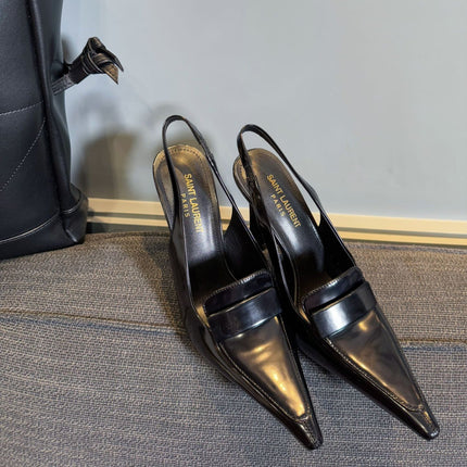 POINTED-TOE SLINGBACK PUMPS IN BLACK SHINY CALFSKIN