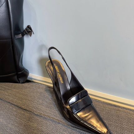POINTED-TOE SLINGBACK PUMPS IN BLACK SHINY CALFSKIN